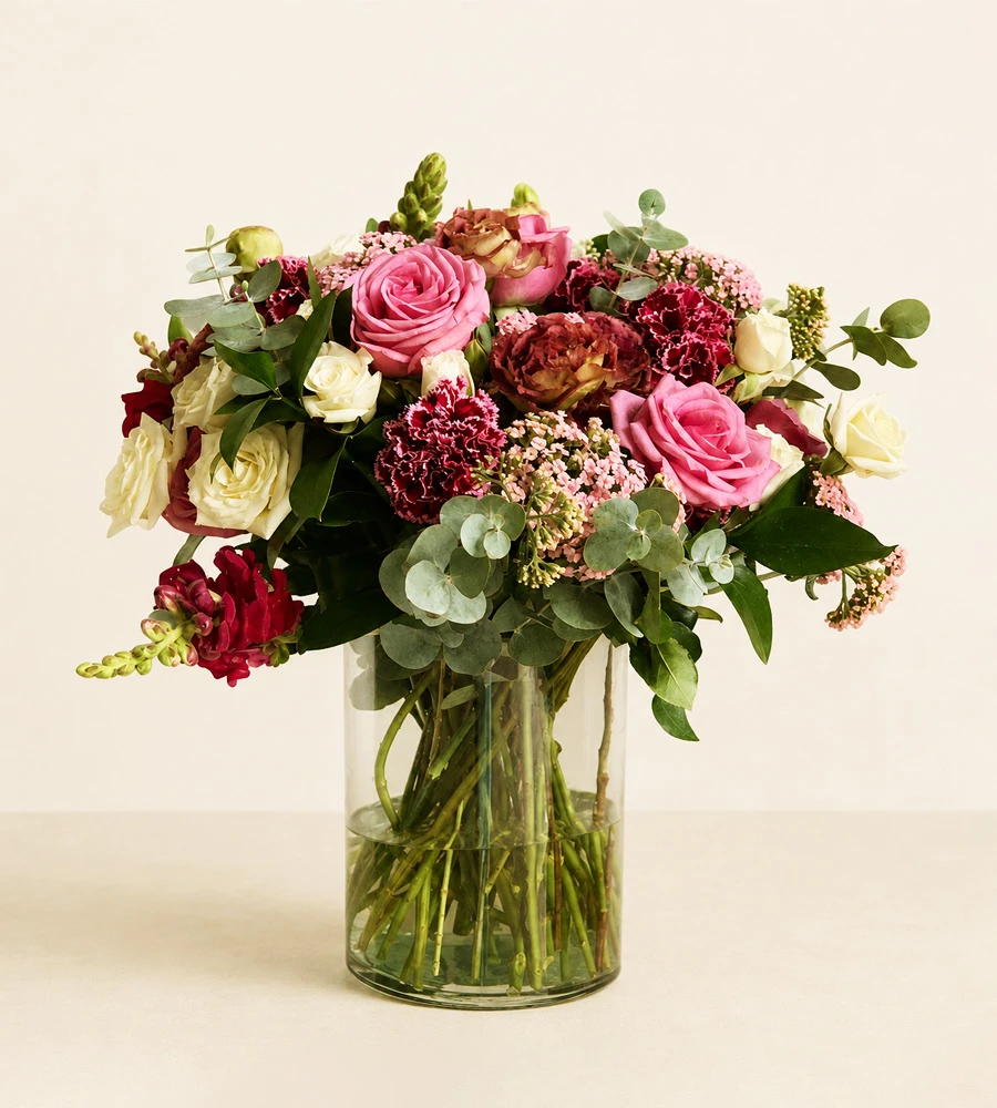 Arreglo floral con rosas rosadas y blancas, claveles, eucalipto y flores de temporada en florero de vidrio sobre fondo beige claro.